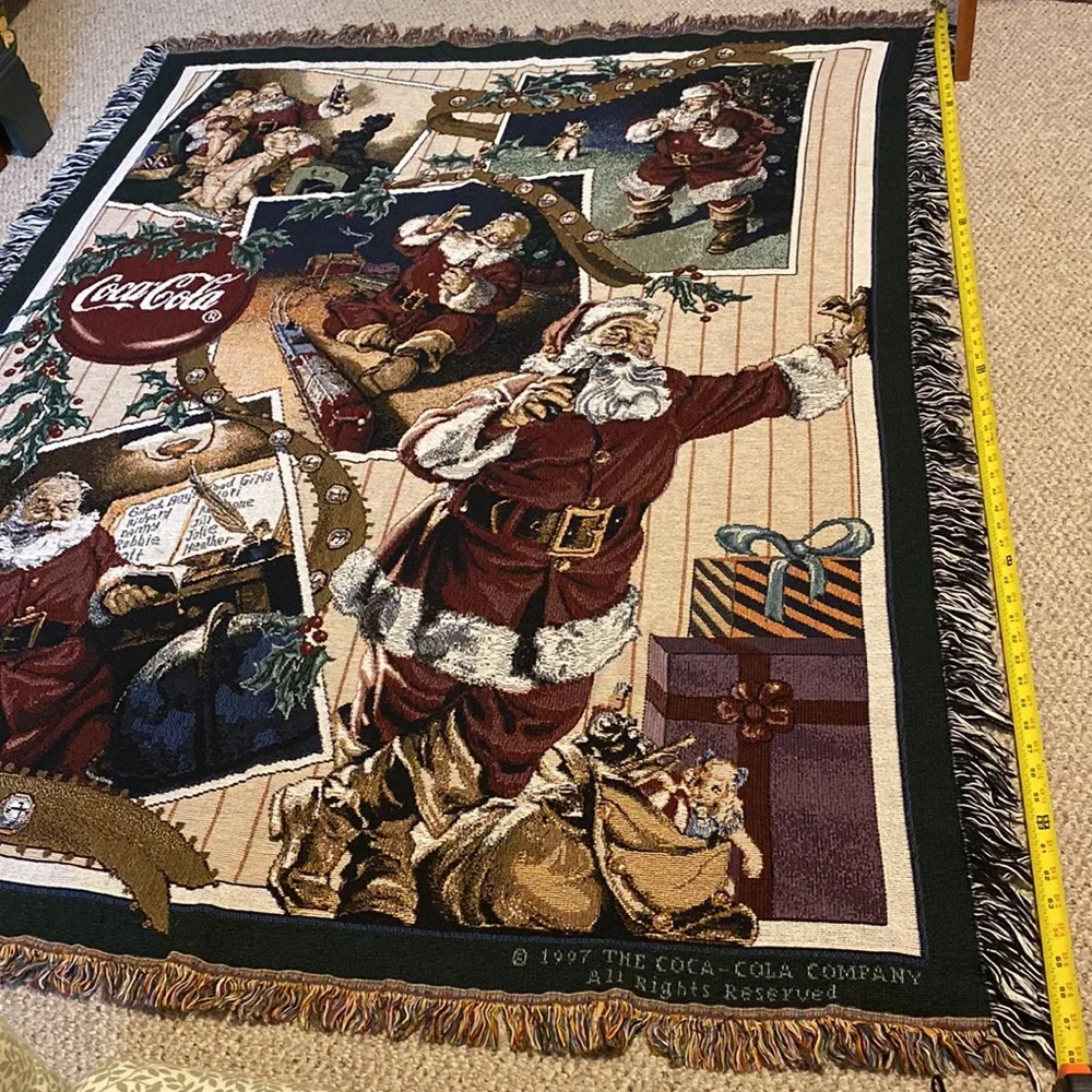 Vintage 1997 Coca Cola Santa Collage Tapestry Afghan Throw USA Made 100% Cotton